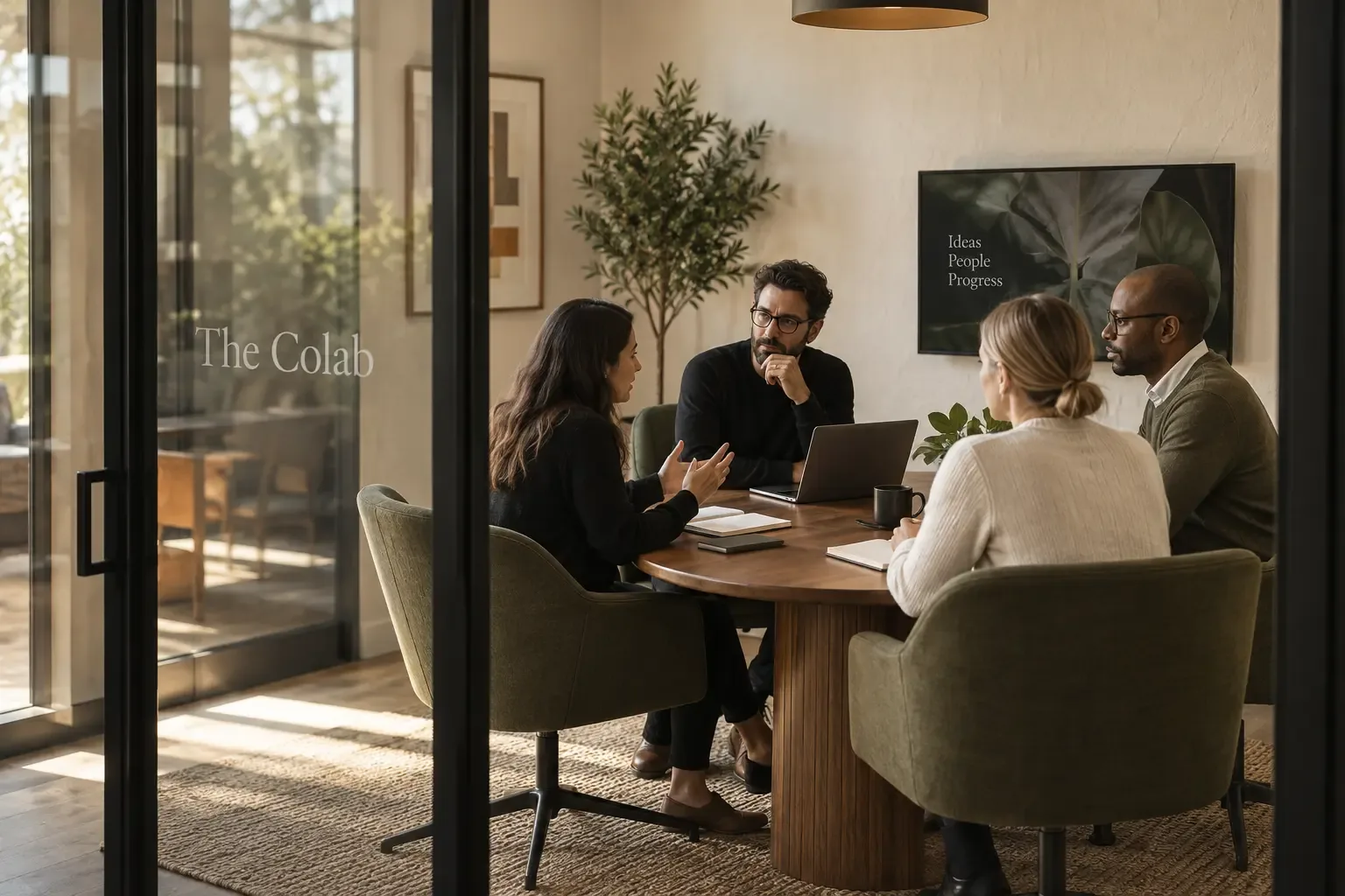 Concept rendering of The Colab conference room, planned for after opening: four people around a walnut table in olive-green chairs, glass wall with The Colab lettering, afternoon light.