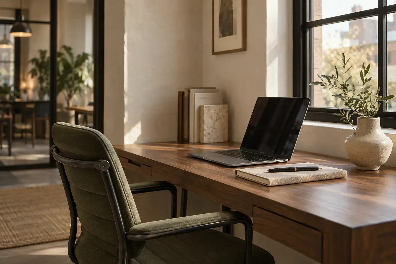Concept rendering of a desk at The Colab: a walnut desk by a tall window with a laptop, a notebook, and an olive branch in a stone vase, an olive-green chair in front, and a glass-walled lounge behind.