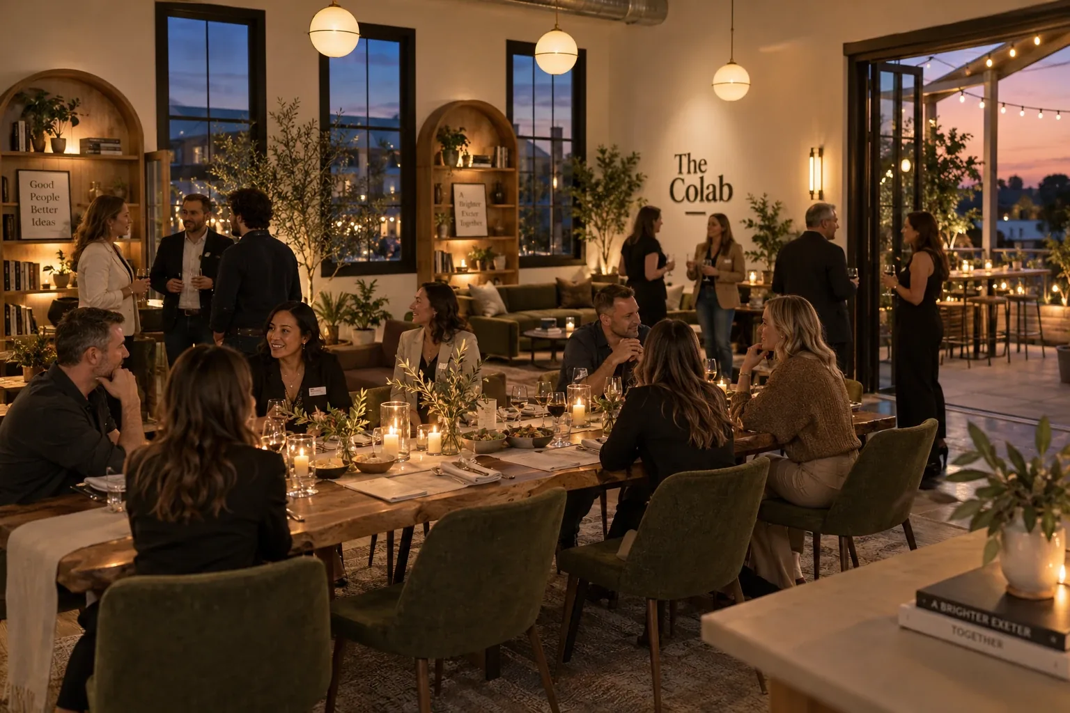 Concept rendering of an evening event at The Colab: guests seated at a long live-edge table set with candles and olive branches, others standing in conversation, arched bookshelves, The Colab lettering on the wall, and the patio lit with string lights through open doors at dusk.