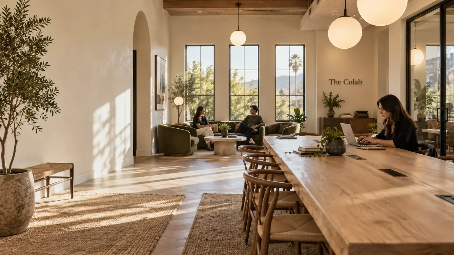 Concept rendering of The Colab's main room: an arched doorway, two people talking on olive chairs under three tall windows, a long oak table with a woman working on a laptop, and The Colab lettering on the wall.