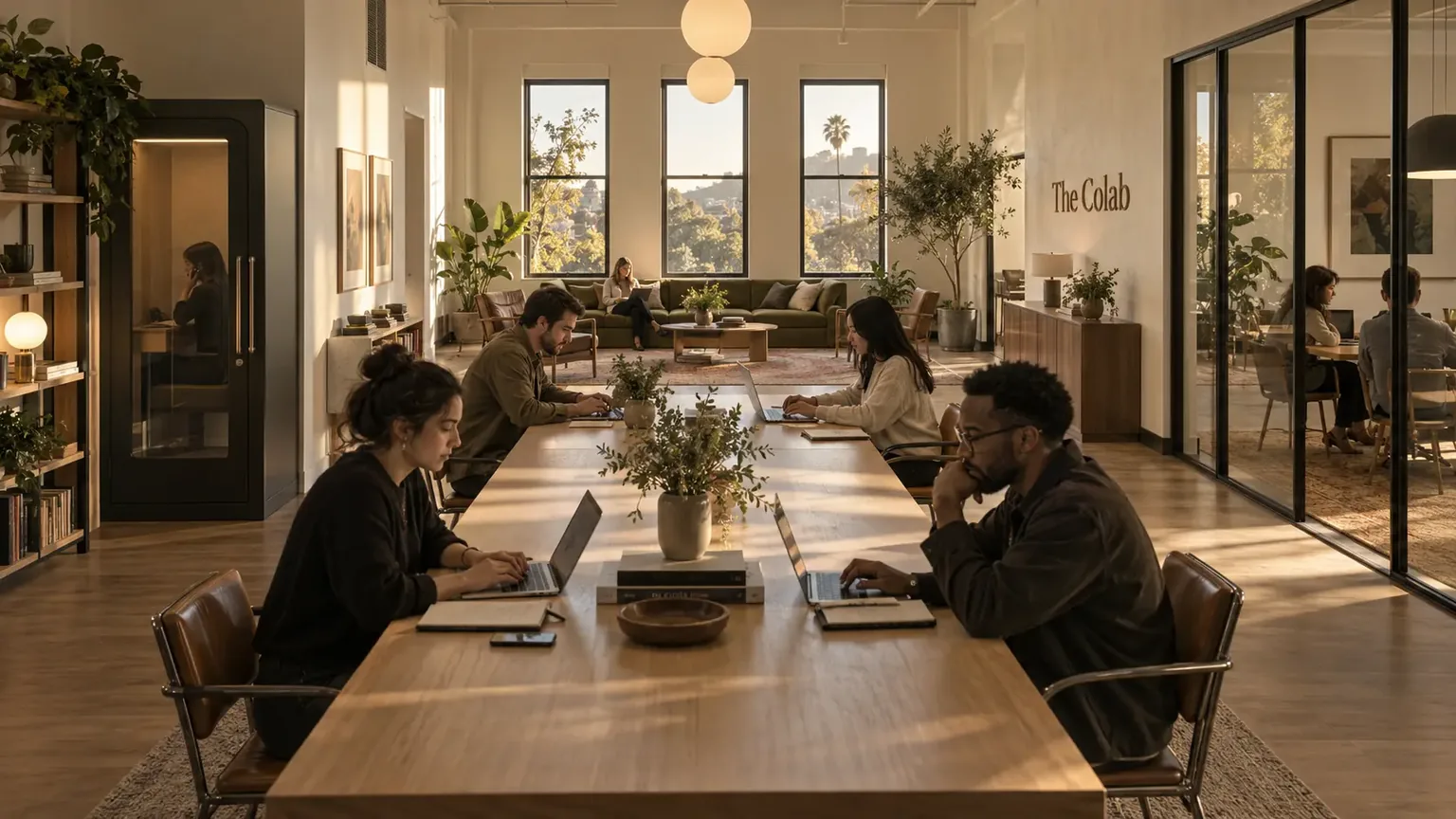 Concept rendering of The Colab's main room: people working on laptops at a long oak table, an olive sofa under three tall windows behind them, a phone booth and bookshelves to the left, and a glass-walled meeting room to the right.