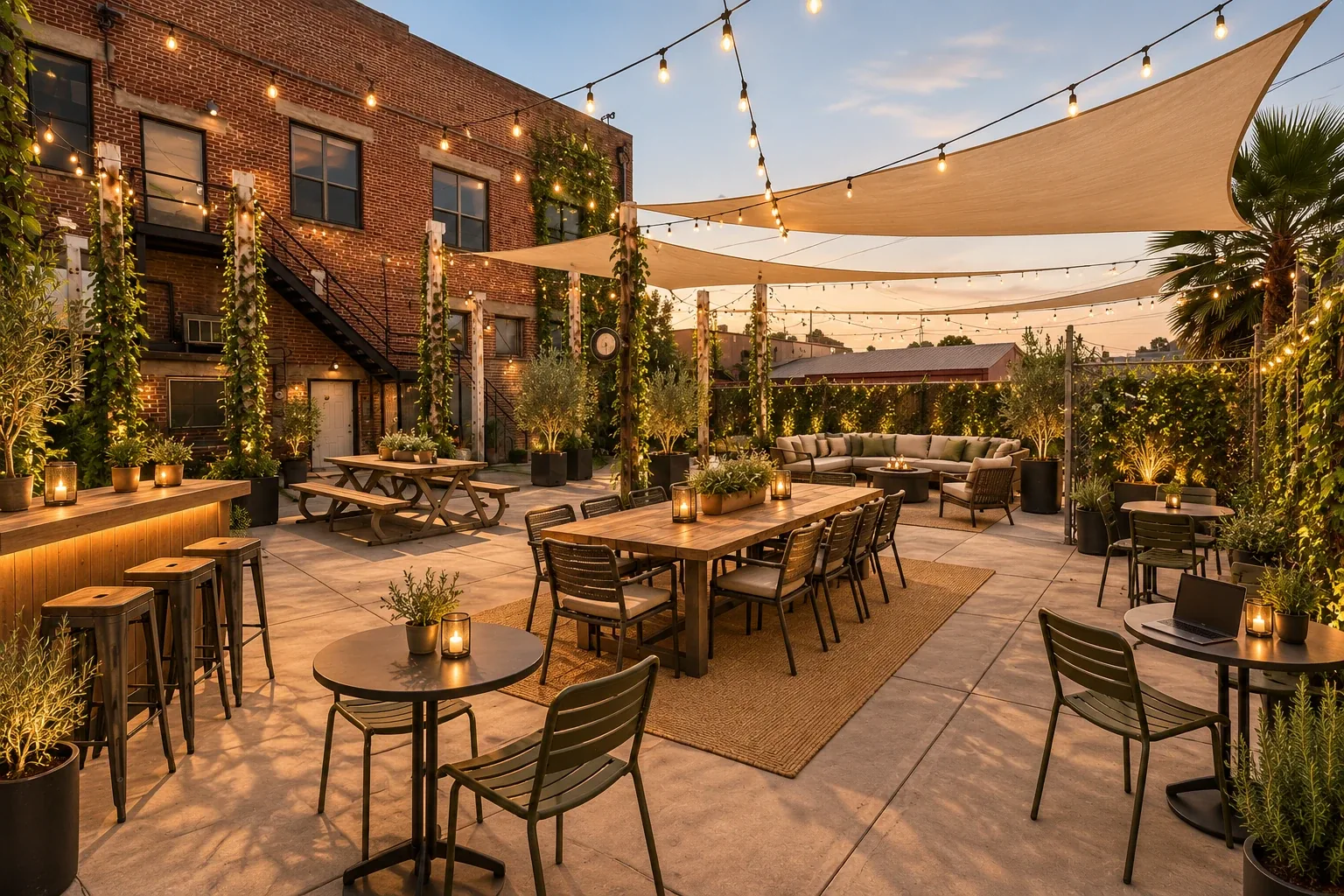 Concept rendering of The Colab Patio at dusk: a brick building with a black steel stair, shade sails and string lights overhead, a long wood table with olive-green chairs, a lounge sofa, a high-top bar with stools, café tables, and potted olive trees and climbing greenery along the fence.