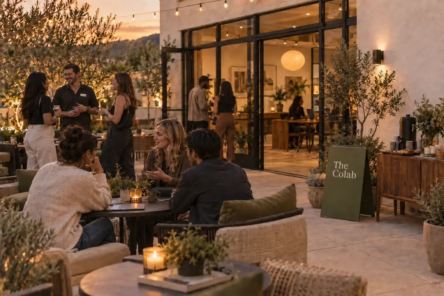 Concept rendering of The Colab patio at dusk: people talking at low tables under string lights and olive trees, a green sandwich-board sign reading The Colab, and the lit workspace visible through tall glass doors.