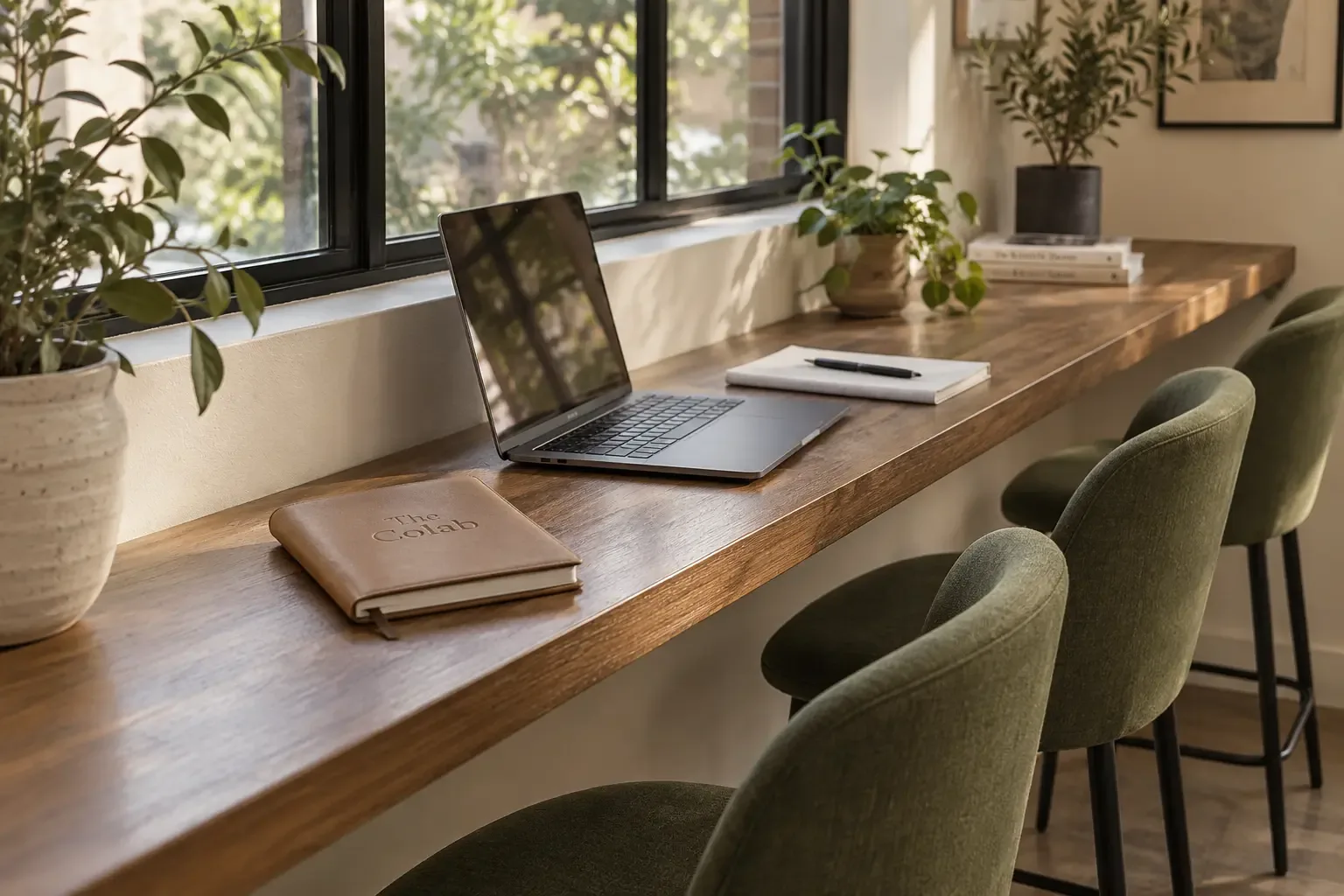 Concept rendering of the high-top work ledge along the window at The Colab: walnut counter, olive-green stools, a laptop, a notebook embossed with The Colab, and plants in the light.